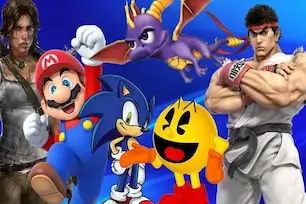 Famous video game characters including Mario, Sonic, Pac-Man, Lara Croft, Spyro, and Ryu – iconic gaming mascots from different eras